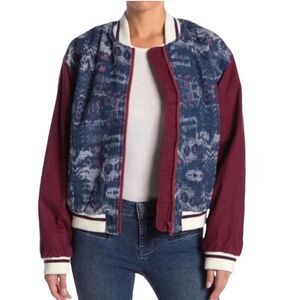 Free People Varsity Dreams Navy Quilted Ikat Print Bomber Jacket Size Large